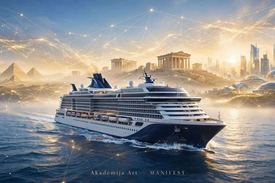 mocni prekooceanski kruzer ponosno plovi plavim oceanom — vedro nebo — u pozadini kroz zlatni sjaj i mrezu svjetlosnih linija ai (1)
