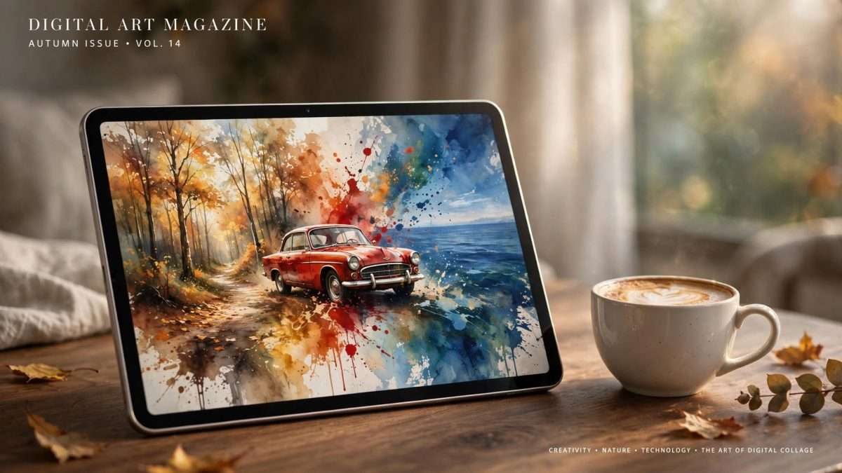moderan tablet u prvom planu prikazuje kolaž svega što smo jutros napravili — mekane jesenske šumske stazice, vintage crveni auto i duboki plavi morski horizont meta ai foto