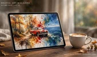 moderan tablet u prvom planu prikazuje kolaž svega što smo jutros napravili — mekane jesenske šumske stazice, vintage crveni auto i duboki plavi morski horizont meta ai foto