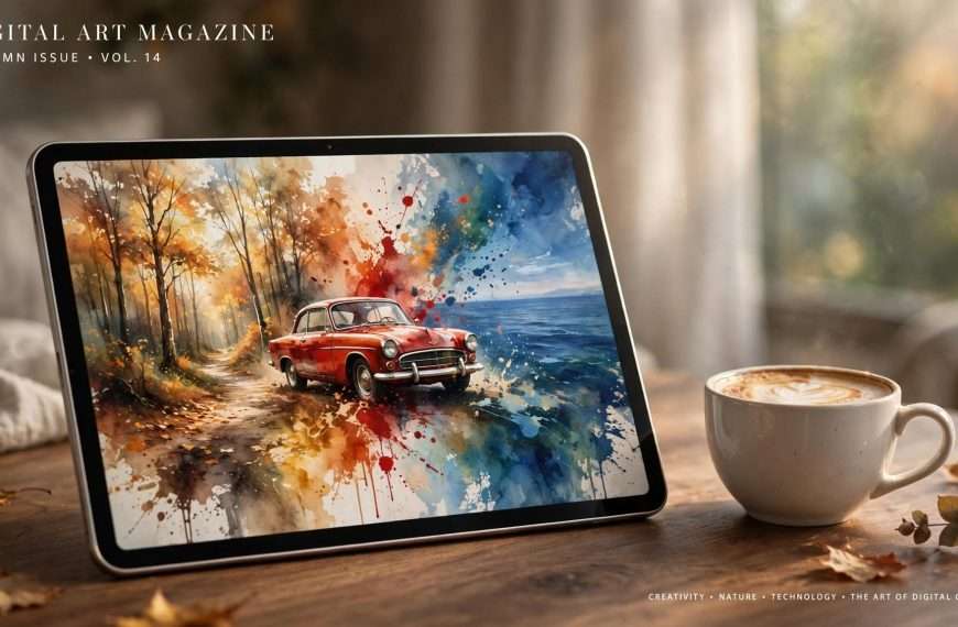 moderan tablet u prvom planu prikazuje kolaž svega što smo jutros napravili — mekane jesenske šumske stazice, vintage crveni auto i duboki plavi morski horizont meta ai foto