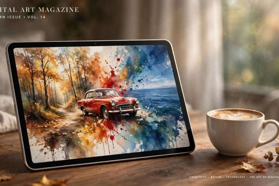 moderan tablet u prvom planu prikazuje kolaž svega što smo jutros napravili — mekane jesenske šumske stazice, vintage crveni auto i duboki plavi morski horizont meta ai foto