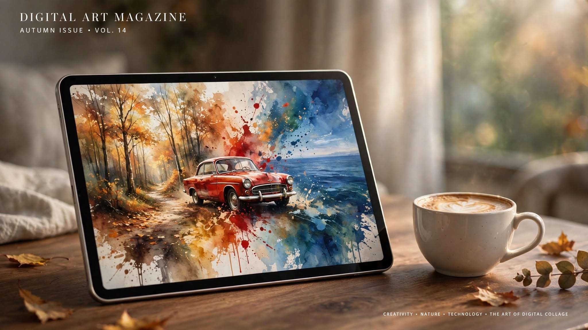 moderan tablet u prvom planu prikazuje kolaž svega što smo jutros napravili — mekane jesenske šumske stazice, vintage crveni auto i duboki plavi morski horizont meta ai foto
