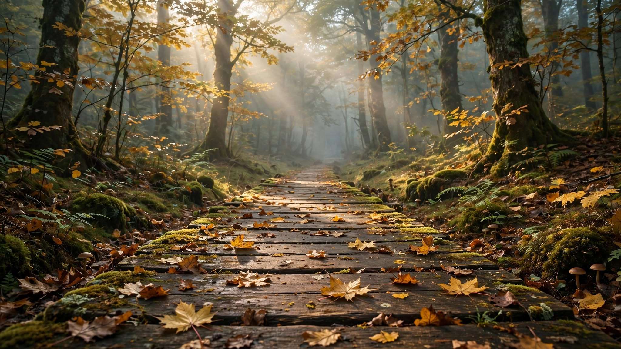 rustikalna drvena stazica ulazi u maglovitu hrvatsku šumu u ranu jesen meta ai foto