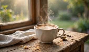 rustikalni drveni pult kraj prozora, elegantna keramička šalica s latte artom, para koja se diše u mekom jutarnjem svjetlu, a iza mekani blur mirnog zelenog vrta ai foto