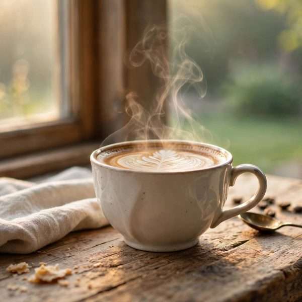 rustikalni drveni pult kraj prozora, elegantna keramička šalica s latte artom, para koja se diše u mekom jutarnjem svjetlu, a iza mekani blur mirnog zelenog vrta ai foto