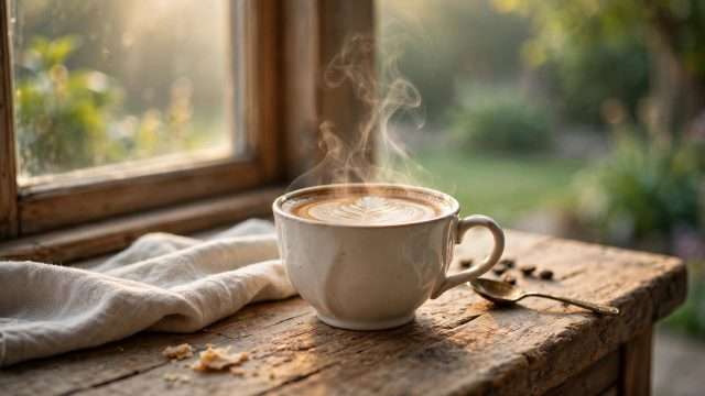 rustikalni drveni pult kraj prozora, elegantna keramička šalica s latte artom, para koja se diše u mekom jutarnjem svjetlu, a iza mekani blur mirnog zelenog vrta ai foto
