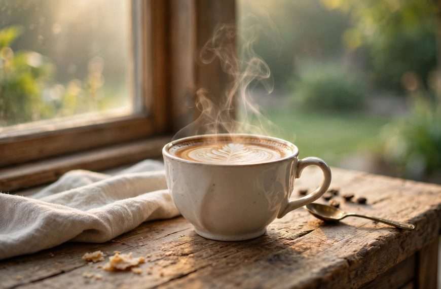 rustikalni drveni pult kraj prozora, elegantna keramička šalica s latte artom, para koja se diše u mekom jutarnjem svjetlu, a iza mekani blur mirnog zelenog vrta ai foto