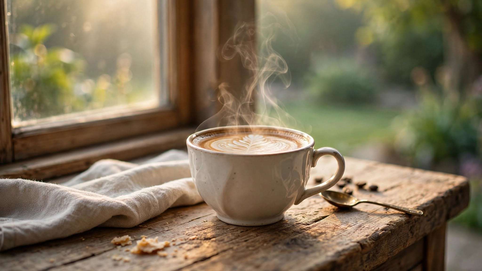 rustikalni drveni pult kraj prozora, elegantna keramička šalica s latte artom, para koja se diše u mekom jutarnjem svjetlu, a iza mekani blur mirnog zelenog vrta ai foto