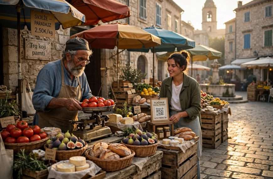 stariji prodavač s vagom važe rumene rajčice, mlada generacija s qr kodom meta ai foto