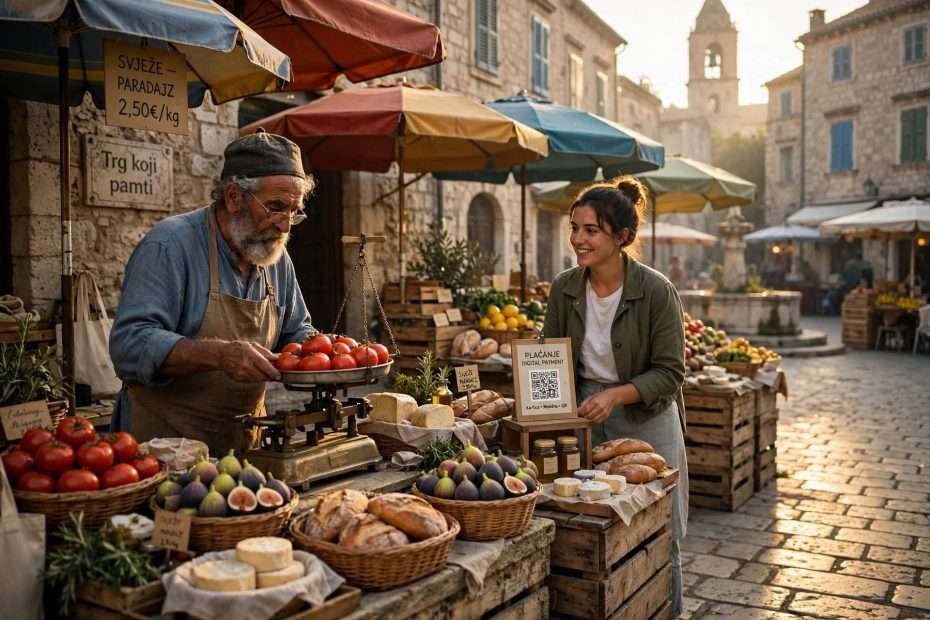 stariji prodavač s vagom važe rumene rajčice, mlada generacija s qr kodom meta ai foto