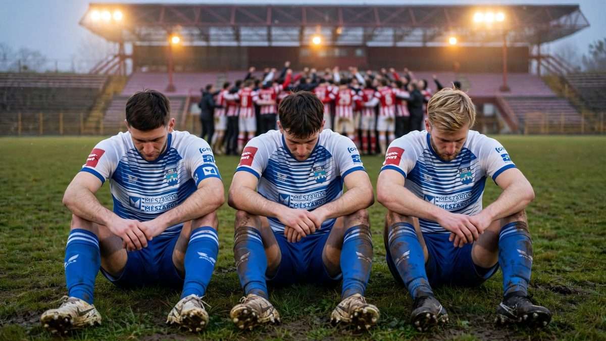 tri osijekova igrača u plavo bijelim prugama, glave dolje, blatne kopačke, travnjak gradskog stadiona u sisku — u pozadini maglovito slavlje segeste 31 ai foto