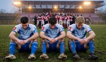 tri osijekova igrača u plavo bijelim prugama, glave dolje, blatne kopačke, travnjak gradskog stadiona u sisku — u pozadini maglovito slavlje segeste 31 ai foto