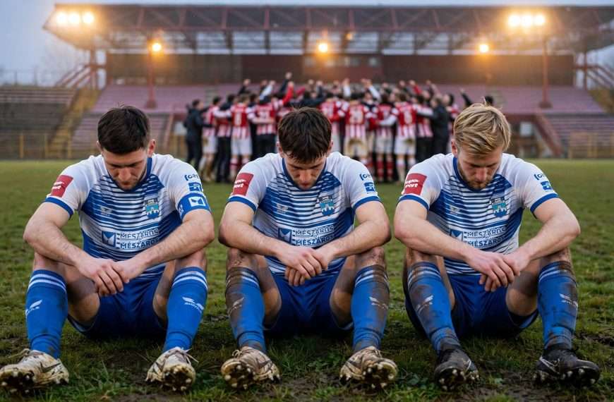 tri osijekova igrača u plavo bijelim prugama, glave dolje, blatne kopačke, travnjak gradskog stadiona u sisku — u pozadini maglovito slavlje segeste 31 ai foto