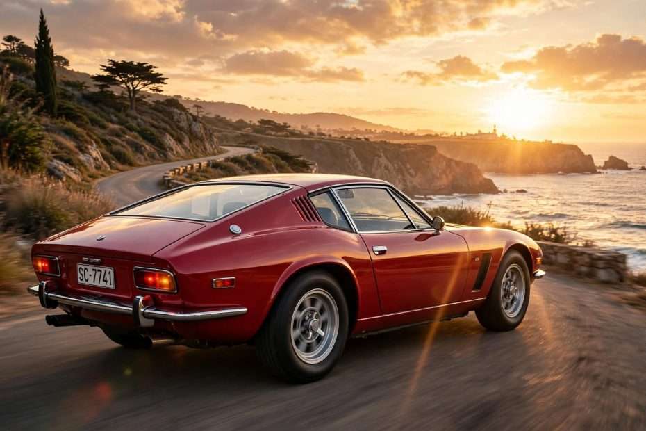 uglačani vintage crimson sportaš iz 70 ih na obalnoj cesti u zalasku, zlatno sunce se odbija od metala, kinematografsko, nostalgično i premium meta ai foto