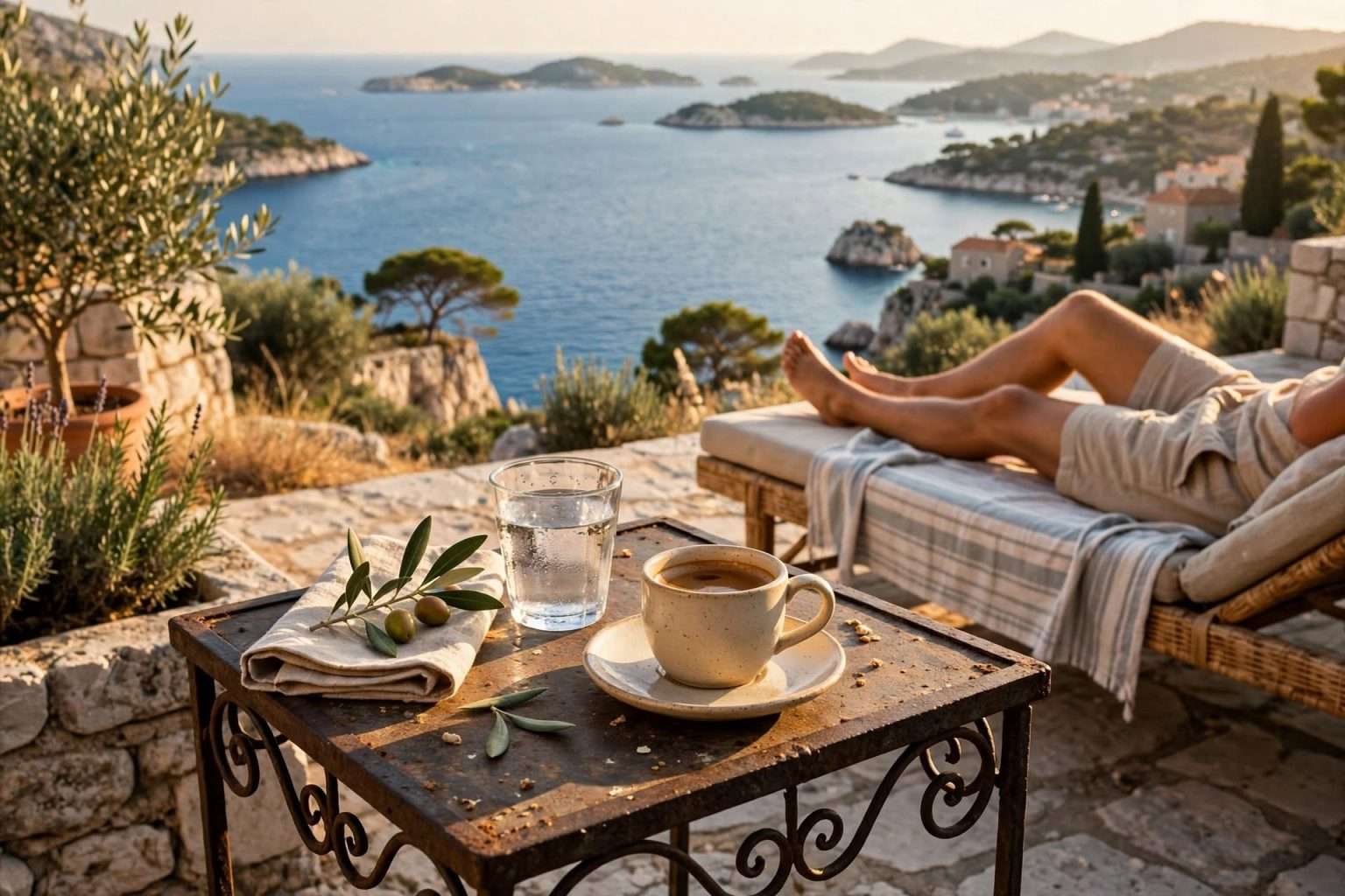 umjetnost življenja pomalo — kamena terasa, maslina, čaša vode, kava, bose noge na ležaljci, pogled na jadran i otočiće ai foto