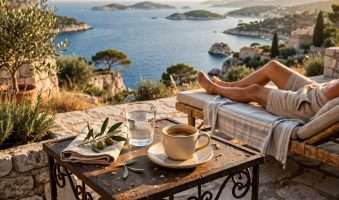 umjetnost življenja pomalo — kamena terasa, maslina, čaša vode, kava, bose noge na ležaljci, pogled na jadran i otočiće ai foto