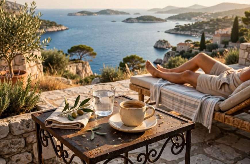 umjetnost življenja pomalo — kamena terasa, maslina, čaša vode, kava, bose noge na ležaljci, pogled na jadran i otočiće ai foto