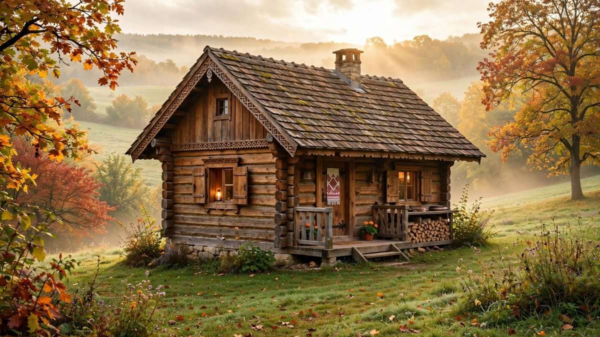 autentična drvena hiža od hrastovine na blagom brijegu, zlatno jantarno lišće, jutarnja izmaglica i toplo sunce kroz granje meta ai