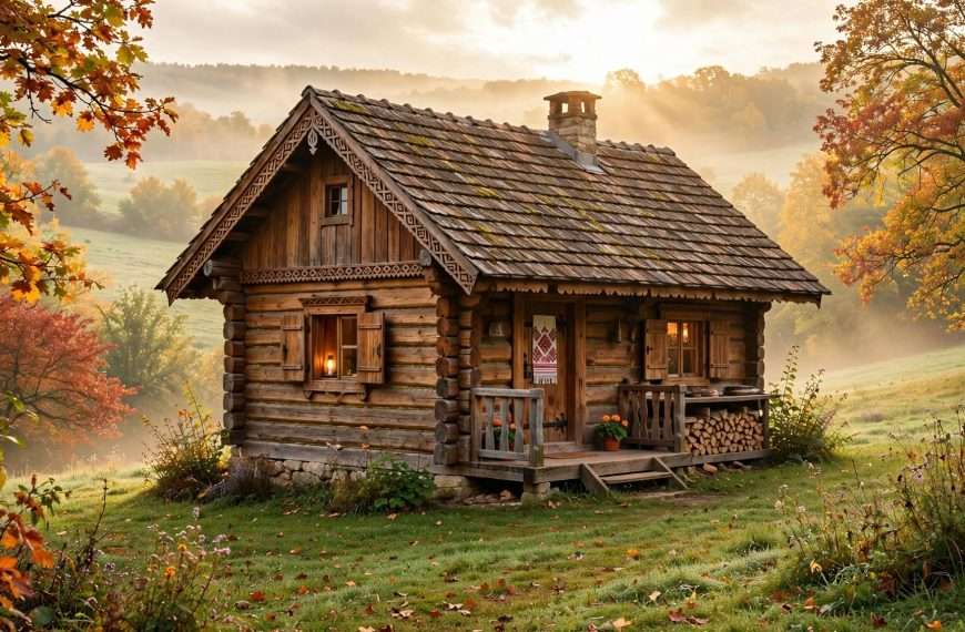 autentična drvena hiža od hrastovine na blagom brijegu, zlatno jantarno lišće, jutarnja izmaglica i toplo sunce kroz granje meta ai