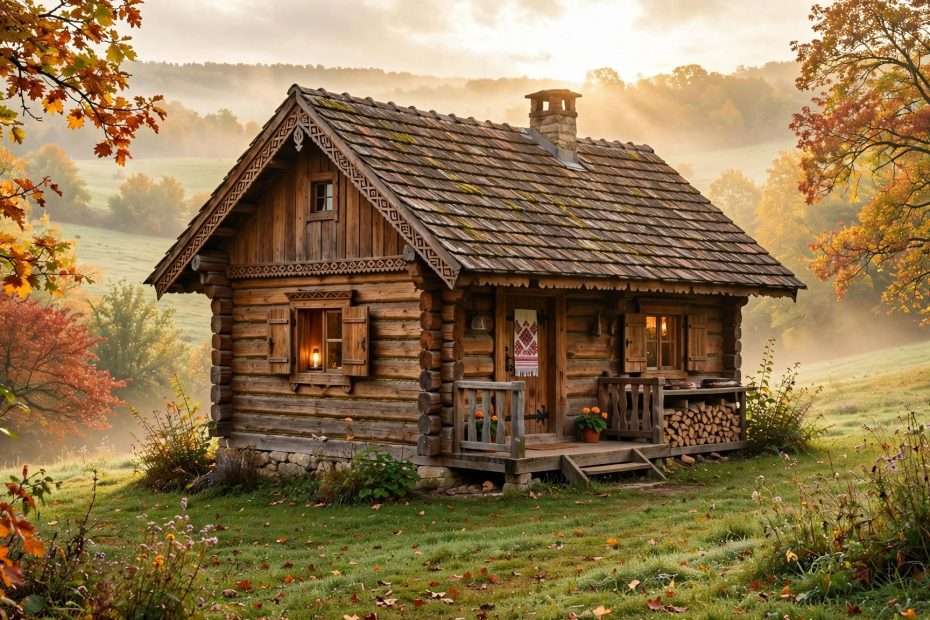 autentična drvena hiža od hrastovine na blagom brijegu, zlatno jantarno lišće, jutarnja izmaglica i toplo sunce kroz granje meta ai