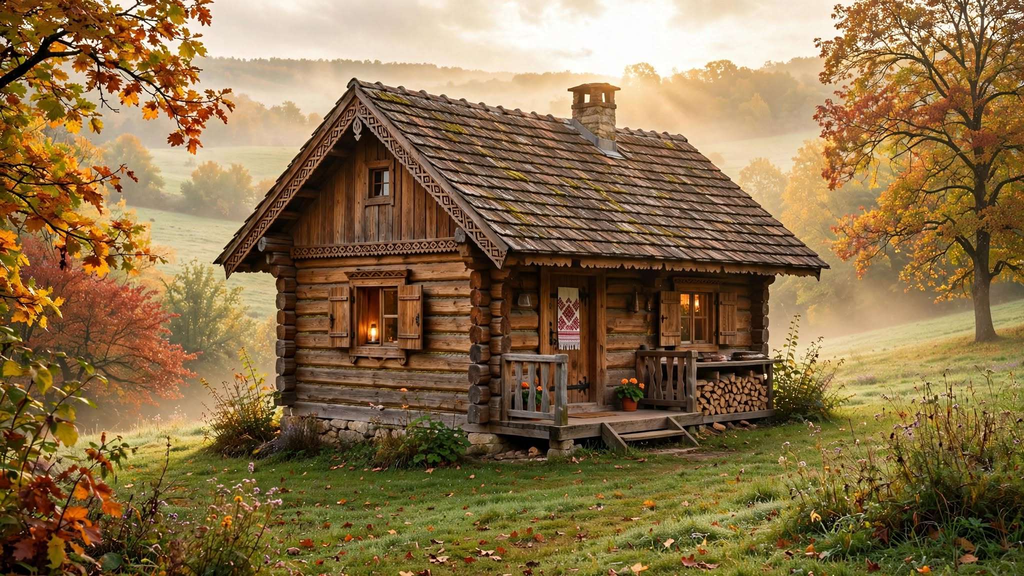 autentična drvena hiža od hrastovine na blagom brijegu, zlatno jantarno lišće, jutarnja izmaglica i toplo sunce kroz granje meta ai