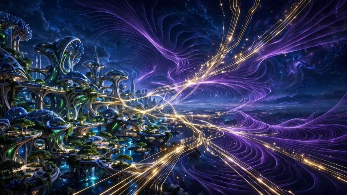 eco futuristički grad lijevo, ljubičasti quantum valovi i zlatne niti digitalne besmrtnosti desno ai foto