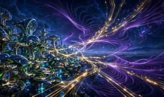 eco futuristički grad lijevo, ljubičasti quantum valovi i zlatne niti digitalne besmrtnosti desno ai foto
