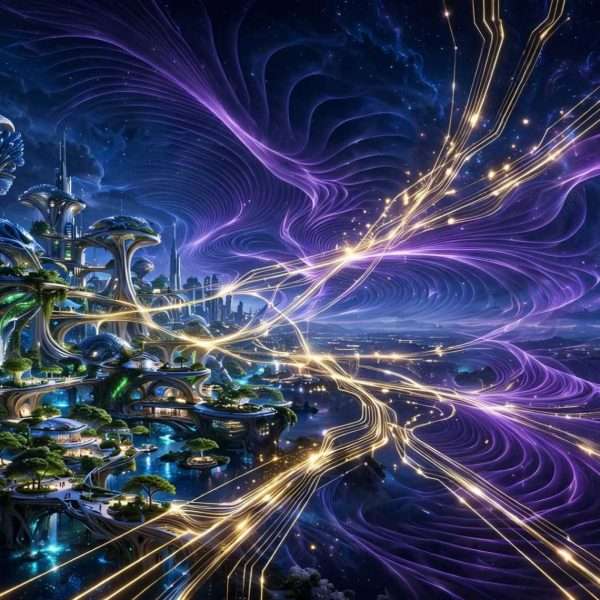 Eco Futuristicki Grad Lijevo Ljubicasti Quantum Valovi I Zlatne Niti Digitalne Besmrtnosti Desno AI Foto 600x600