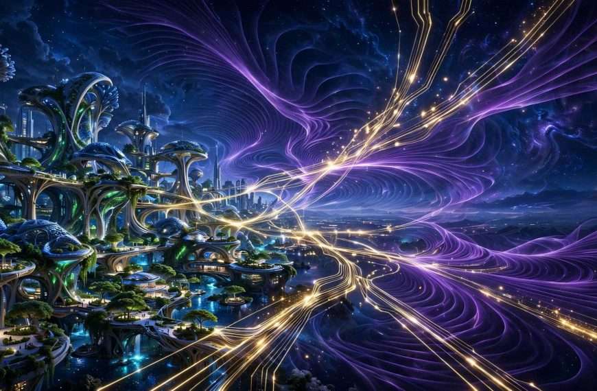 eco futuristički grad lijevo, ljubičasti quantum valovi i zlatne niti digitalne besmrtnosti desno ai foto