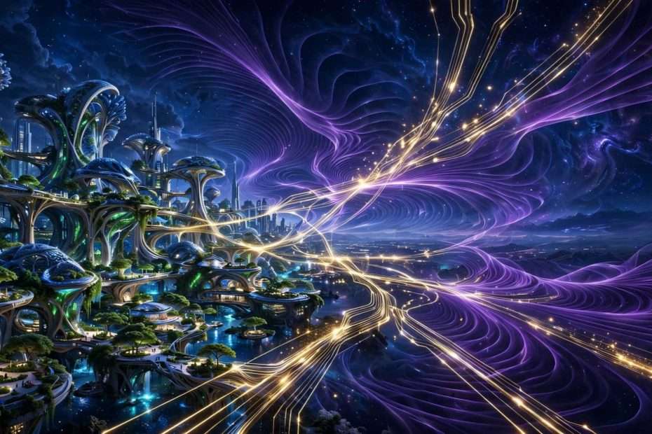 eco futuristički grad lijevo, ljubičasti quantum valovi i zlatne niti digitalne besmrtnosti desno ai foto