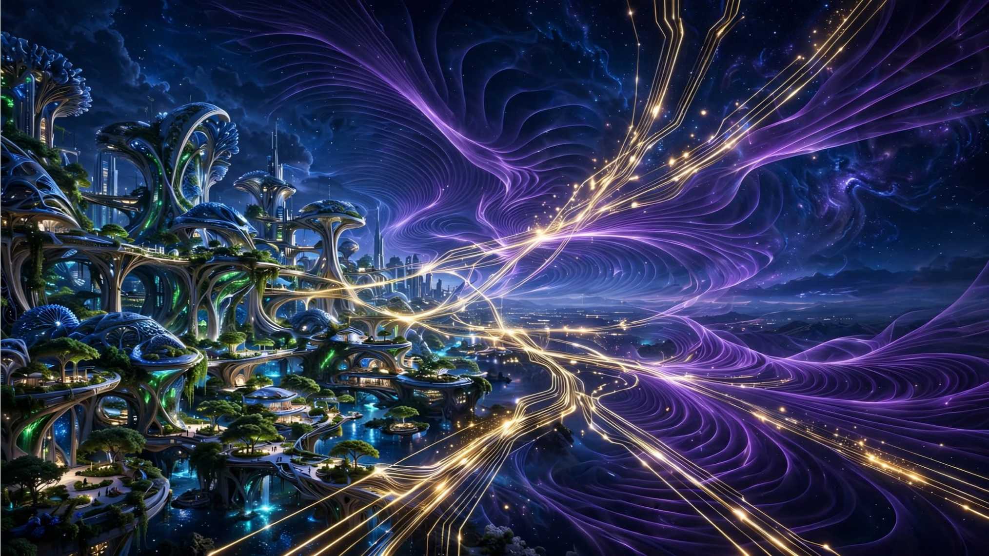 eco futuristički grad lijevo, ljubičasti quantum valovi i zlatne niti digitalne besmrtnosti desno ai foto