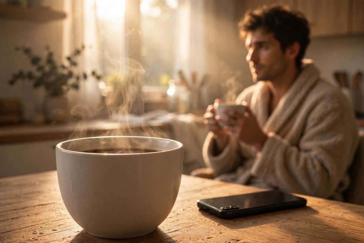 Anatomija prve jutarnje kave: Zašto u prvih 15 minuta ne želimo čuti ljudske glasove? morning coffee scene nemoj me ništa pitati ai foto