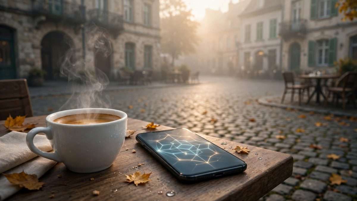 šalica espressa koja se puši na drvenom stolu na starom kamenom trgu, pokraj nje smartphone meta ai foto