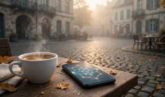 šalica espressa koja se puši na drvenom stolu na starom kamenom trgu, pokraj nje smartphone meta ai foto