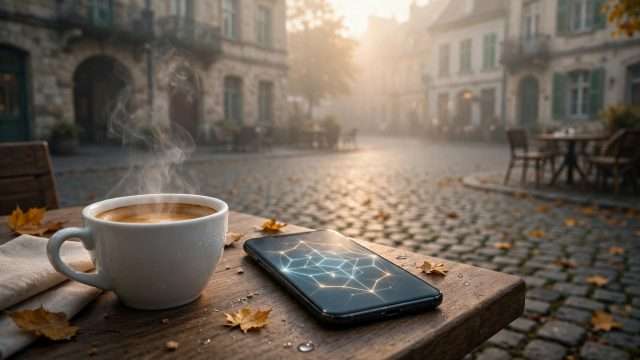 šalica espressa koja se puši na drvenom stolu na starom kamenom trgu, pokraj nje smartphone meta ai foto