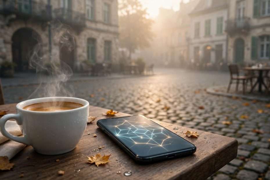 šalica espressa koja se puši na drvenom stolu na starom kamenom trgu, pokraj nje smartphone meta ai foto