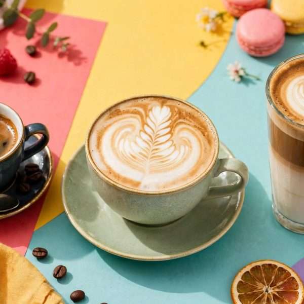 tamni espresso, cappuccino s latte artom i visoki latte macchiato na veselim bojama meta ai foto