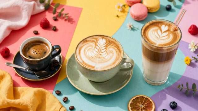 tamni espresso, cappuccino s latte artom i visoki latte macchiato na veselim bojama meta ai foto
