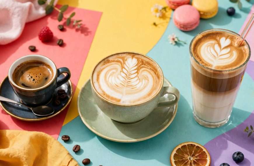 tamni espresso, cappuccino s latte artom i visoki latte macchiato na veselim bojama meta ai foto