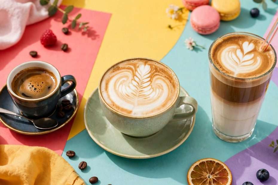 tamni espresso, cappuccino s latte artom i visoki latte macchiato na veselim bojama meta ai foto