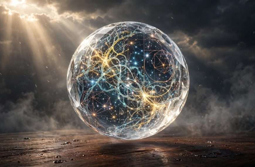 briljantna kristalna sfera koja integrira neuronska vlakna, zvjezdana sazviježđa i matematičke linije, lebdi iznad tamnog drva pod zrakama sunca meta ai foto