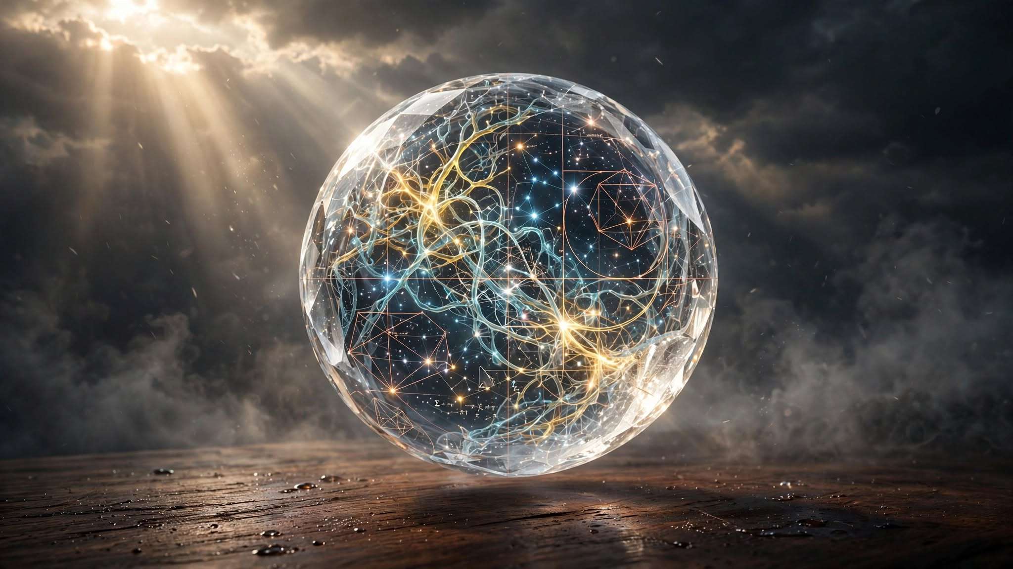 briljantna kristalna sfera koja integrira neuronska vlakna, zvjezdana sazviježđa i matematičke linije, lebdi iznad tamnog drva pod zrakama sunca meta ai foto