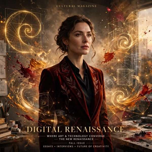 DODJELOM NAGRADE ISKRA ZATVORENO SEDMO IZDANJE DA2 – ZAGREB DESIGN, ART & ARCHITECTURE FILM FESTIVALA digitalna renesansa u punom sjaju vizionarka u baršunastom sakou, zlatne fibonacci spirale i pršteći tragovi boje meta ai foto