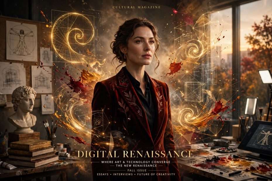 digitalna renesansa u punom sjaju vizionarka u baršunastom sakou, zlatne fibonacci spirale i pršteći tragovi boje meta ai foto