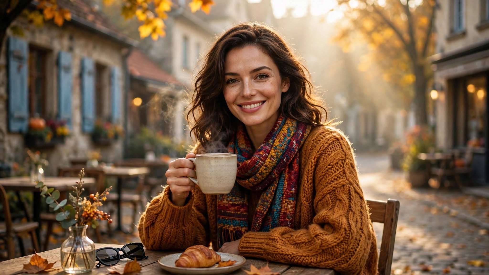 elegantna brineta s toplim osmijehom, topla šalica kave koja se puši, jantar pulover i šareni šal u zlatnom jesenskom jutru na terasi meta ai foto