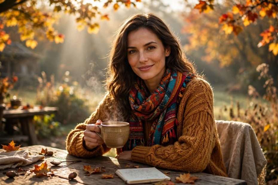 elegantna brineta s toplim osmijehom u jantarno pletenom džemperu i šarenom šalu, drži toplu keramičku šalicu kave meta ai foto