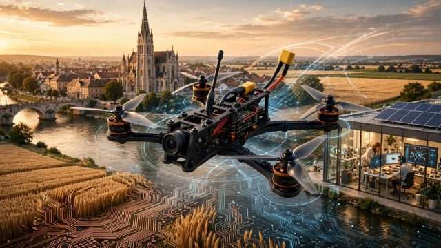 fpv dron orqe lebdi iznad drave u zlatnom zalasku, iza njega konkatedrala i osječki korzo, dolje slavonsko žito koje prelazi u matične ploče i algoritme meta ai foto (1)