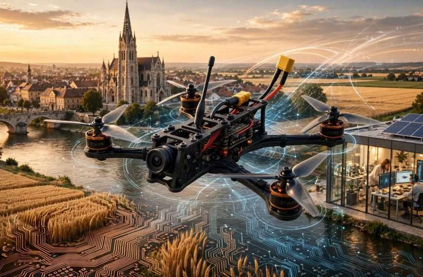 fpv dron orqe lebdi iznad drave u zlatnom zalasku, iza njega konkatedrala i osječki korzo, dolje slavonsko žito koje prelazi u matične ploče i algoritme meta ai foto (1)