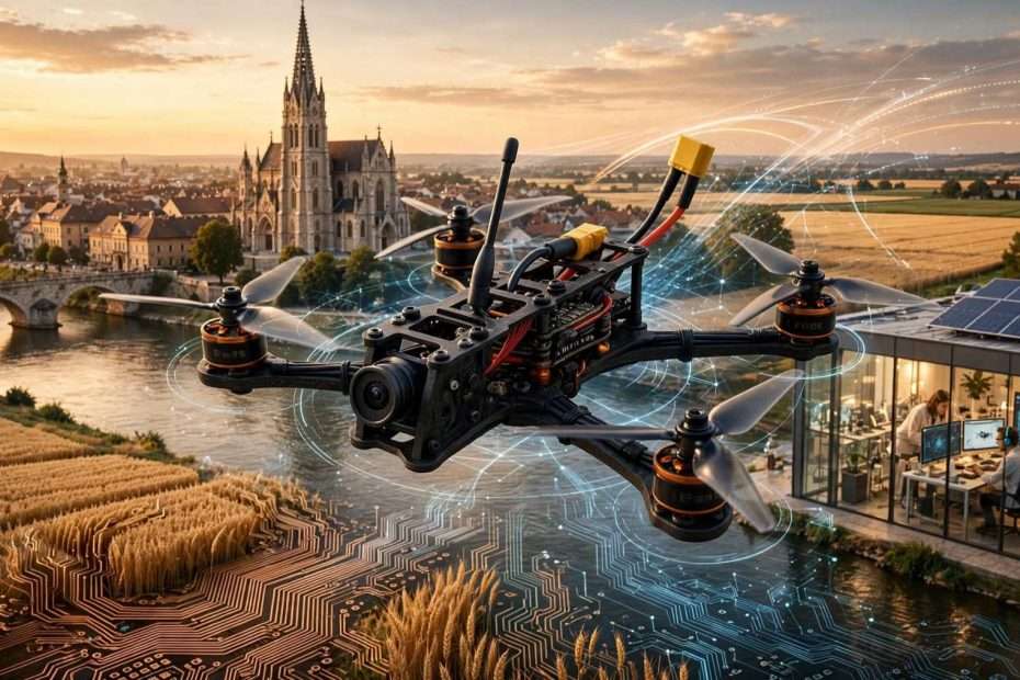 fpv dron orqe lebdi iznad drave u zlatnom zalasku, iza njega konkatedrala i osječki korzo, dolje slavonsko žito koje prelazi u matične ploče i algoritme meta ai foto (1)