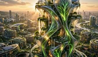 futuristički organski neboder — žive biomorfne materijale meta ai foto (1)
